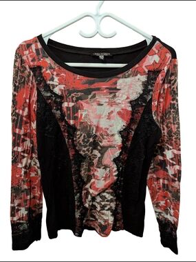 2/22$ Linea Donatella Black and Red Printed Lace-Trim Long Sleeve Top